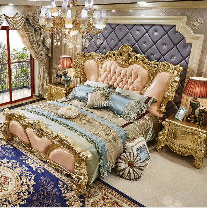 Elegant European Appearance、Premium Genuine Leather Upholstery、Comfortable Upholstered Headboard Apparence européenne élégante, revêtement en cuir véritable de qualité supérieure, tête de lit rembourrée confortable.