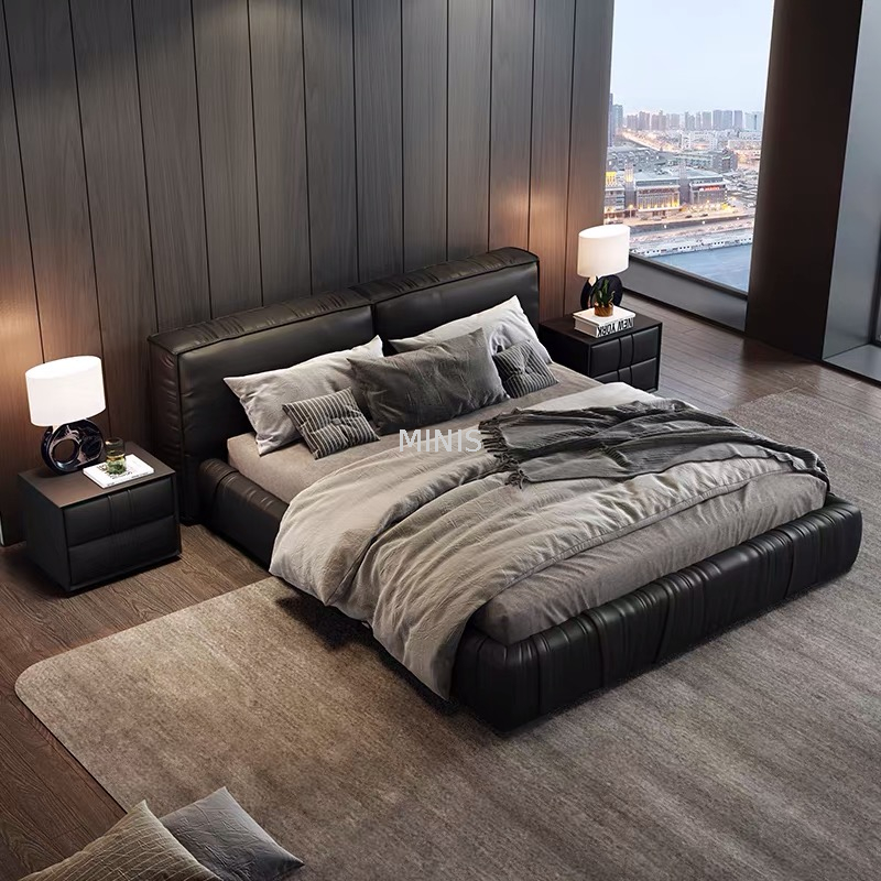 Adult Bedroom Furniture Modern Comfortable Black Leather Bed