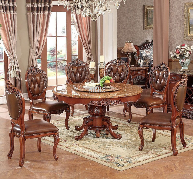 Vintage Brown Oak Wood Marble Round Dining Table With Rug