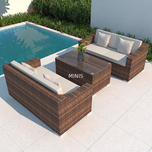 Outdoor Garden Brown Rattan Sofa Couch With Glass Table