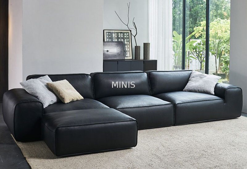 Living Room Nice Comfortable Black Leather Sofa With Ottoman