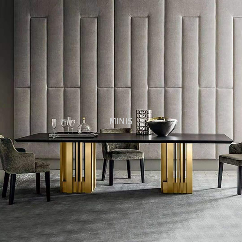 Modern Rectangular Gold Marble Dining Table With Chairs