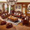 Classic Living Room Furniture Wooden Brown Leather Sofas