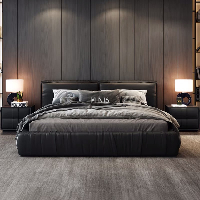 Adult Bedroom Furniture Modern Comfortable Black Leather Bed