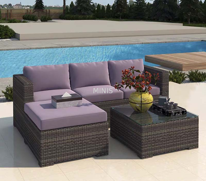 Outdoor Garden Brown Rattan Sofa Couch With Glass Table