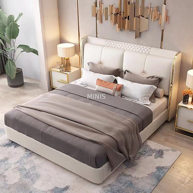 Bedroom Comfortable Furniture Adult White Leather Double Bed