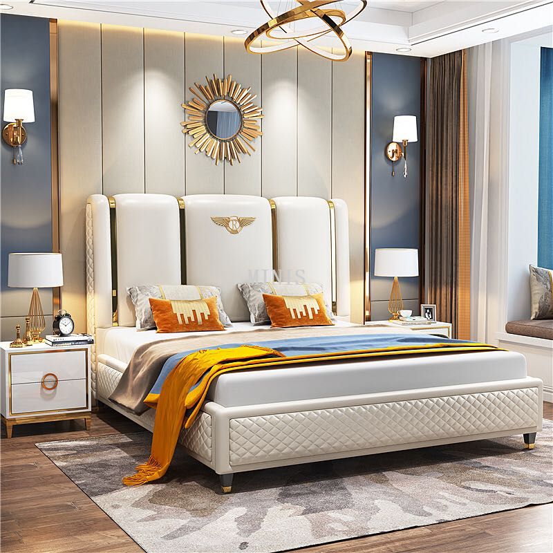 Bedroom Comfortable Furniture Adult White Leather Double Bed