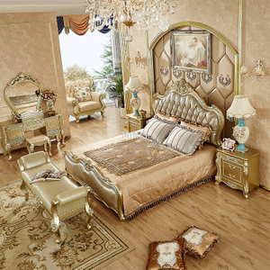 Bedroom Furniture Classic Golden Wooden Genuine Leather Bed