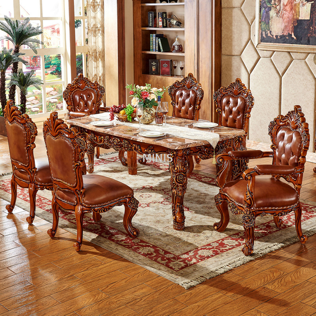 Dining Furniture Brown Wood Marble Dining Table With Chairs