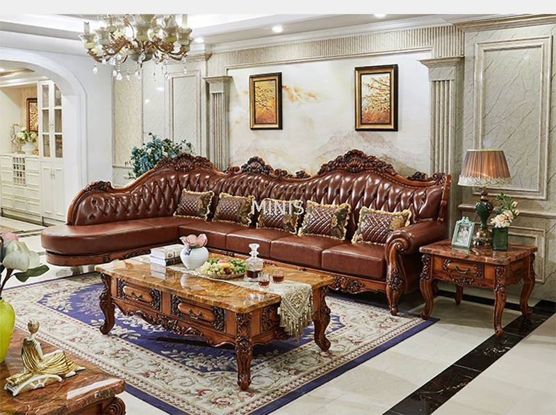 Classic Living Room Furniture Wooden Brown Leather Sofas