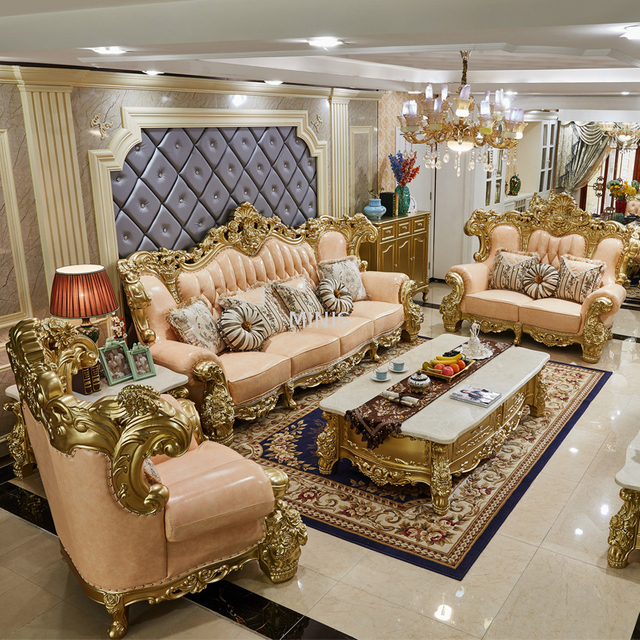 Royal Luxury Living Room Golden Wooden Genuine Leather Sofa