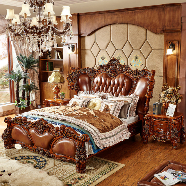 Bedroom Furniture Vintage Wood Genuine Leather King Size Bed