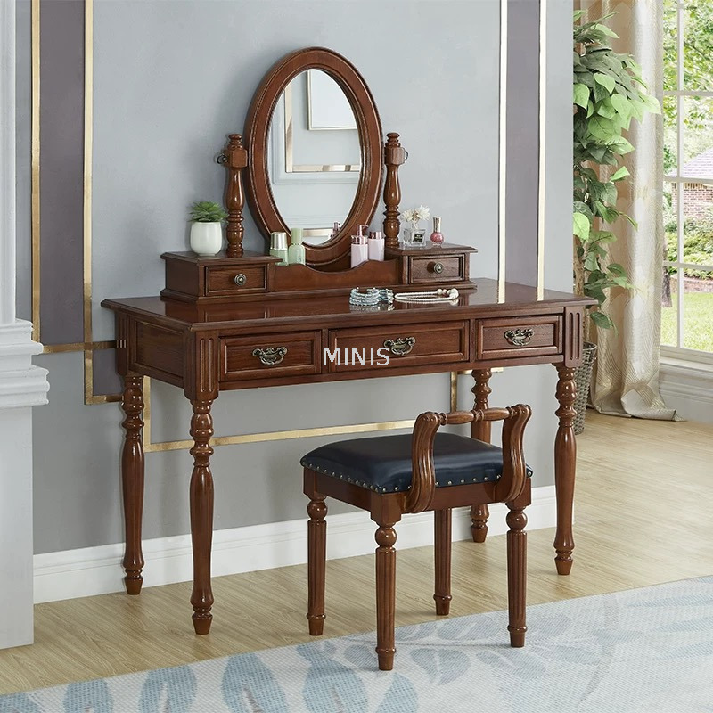 Bedroom Vintage Brown Wooden Dressing Table With Mirror