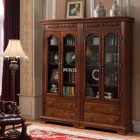 American Style Tall Wooden Bookcase With Glass File Cabinet