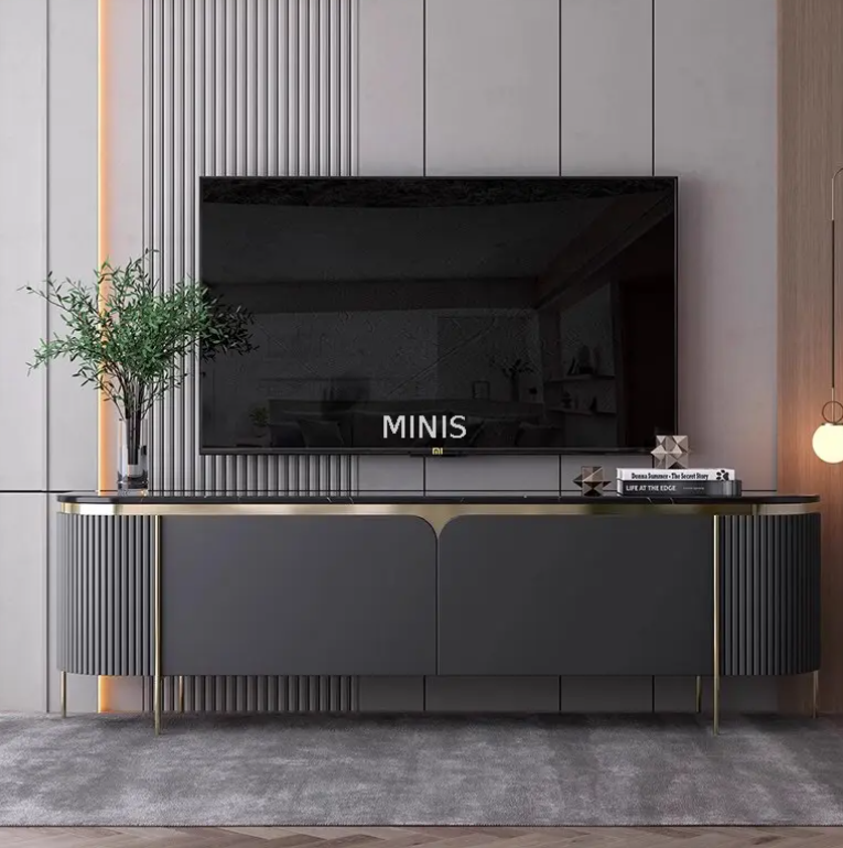 Living Room Elegant Floor Cabinet Grey Gold TV Stand