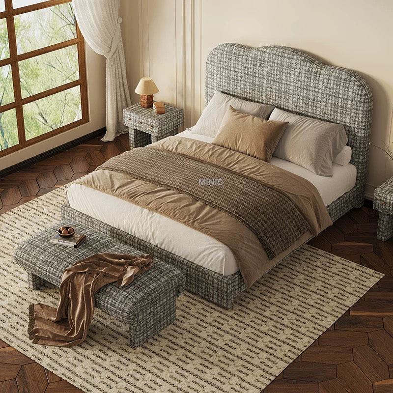Bedroom Vintage Furniture Wood Frame Green Velvet Bed