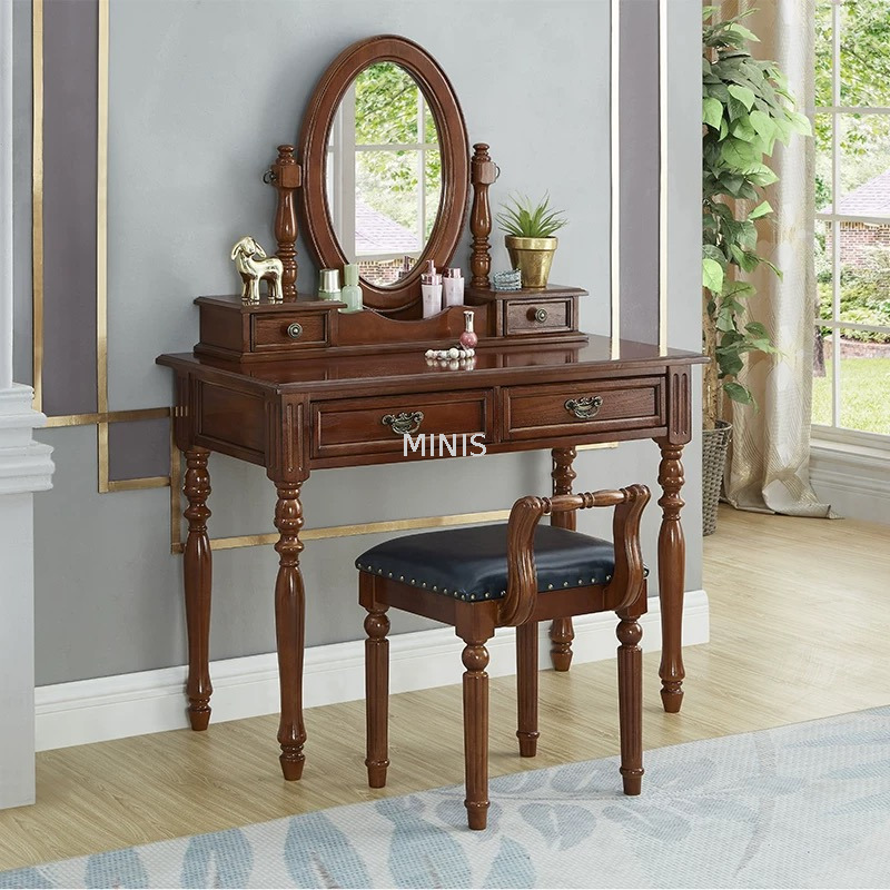 Bedroom Vintage Brown Wooden Dressing Table With Mirror