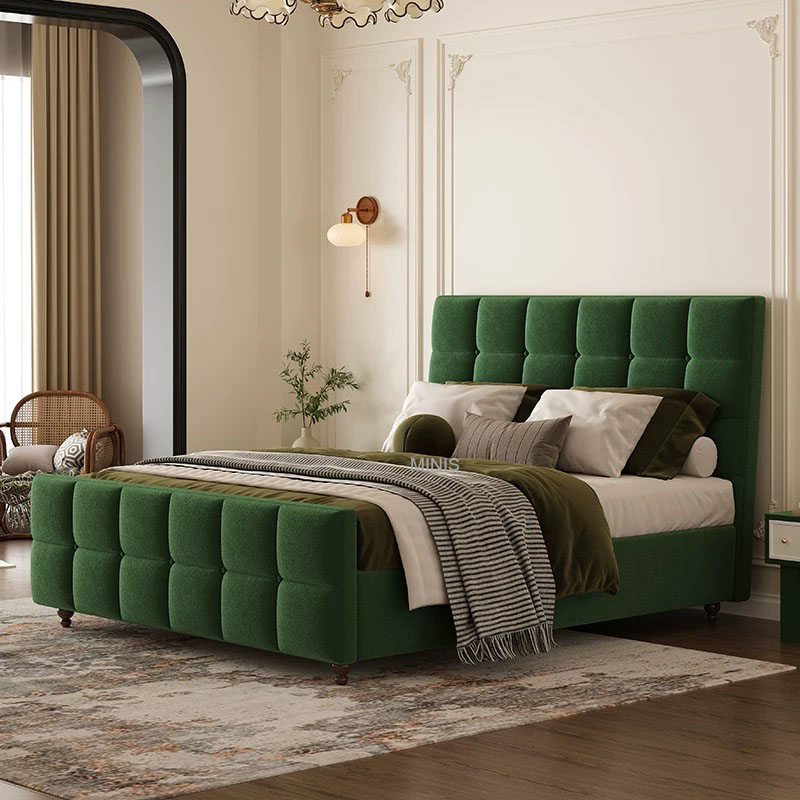 Bedroom Vintage Furniture Wood Frame Green Velvet Bed