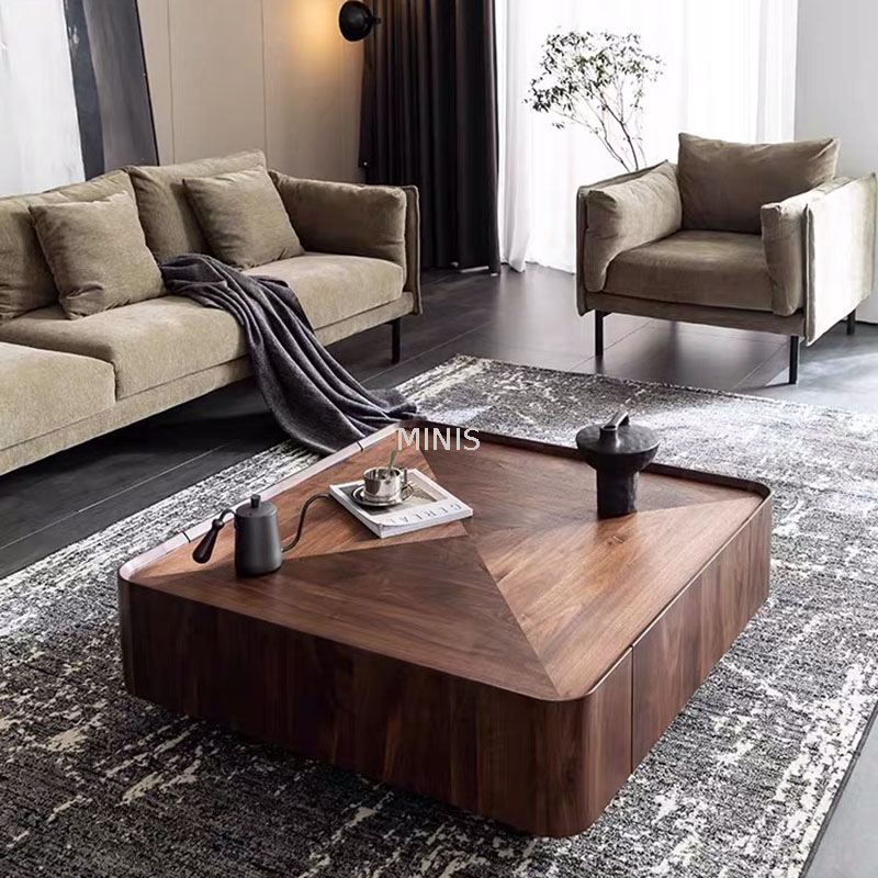 Living Room Wood Beige Leaf-shaped Coffee Table With Drawers