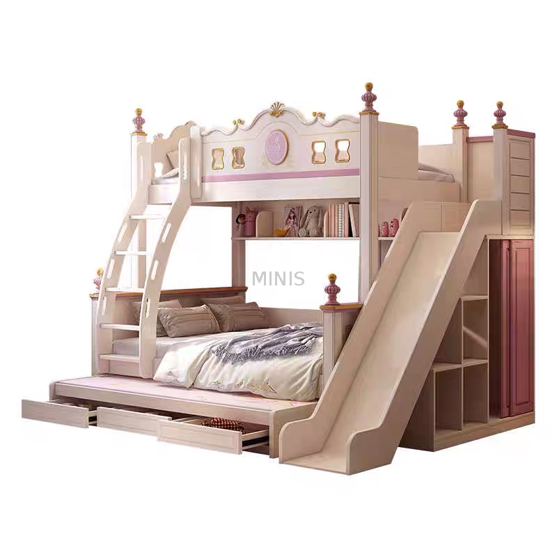 Girl Bedroom Pink Strong Wood Kid Bunk Bed With Drawers