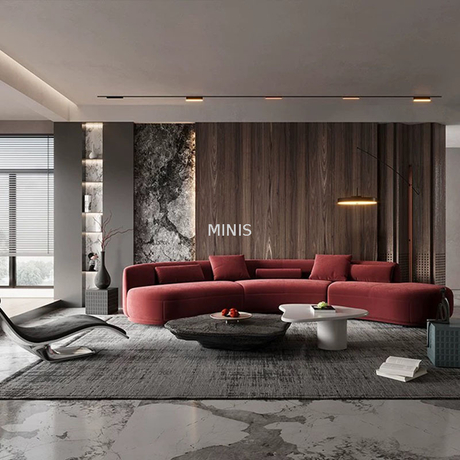 Living Room Couch Creative Curved Red Velvet Fabric Sofa