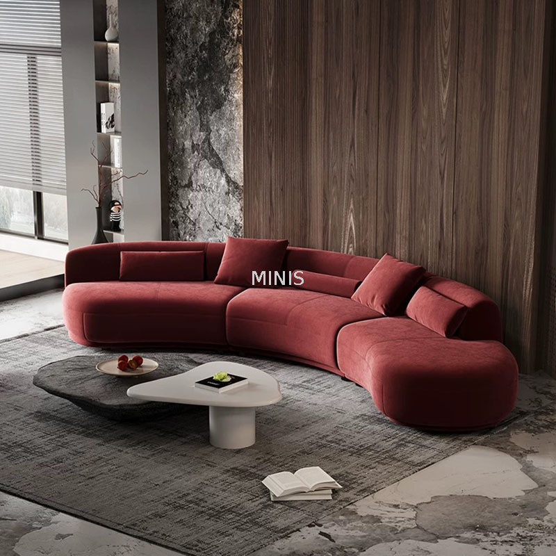 Living Room Couch Creative Curved Red Velvet Fabric Sofa