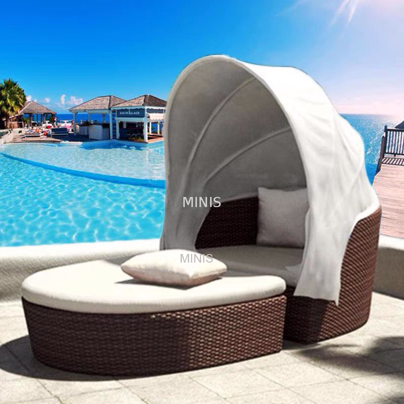 Outdoor Garden Relaxing Round Rattan Bed With Shade