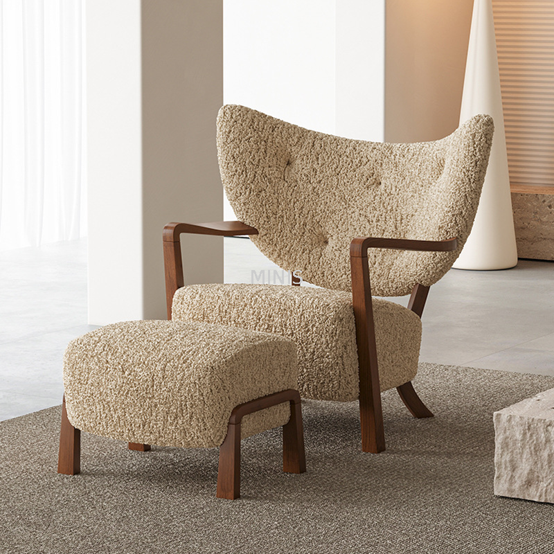 Good Quality Wood Armrests Wool Fabric Chair With Ottoman