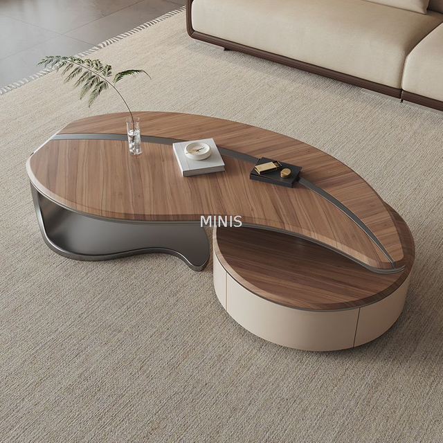 Living Room Wood Beige Leaf-shaped Coffee Table With Drawers