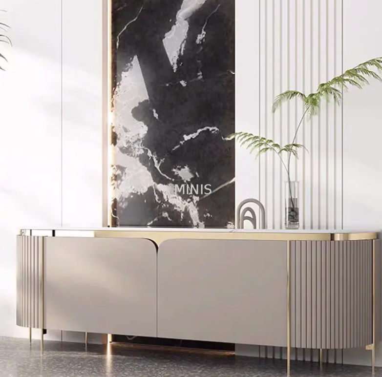 Living Room Elegant Floor Cabinet Grey Gold TV Stand