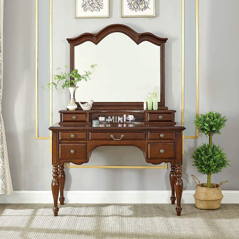 Bedroom Vintage Brown Wooden Dressing Table With Mirror