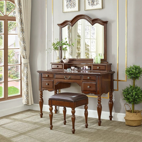 Bedroom Vintage Brown Wooden Dressing Table With Mirror