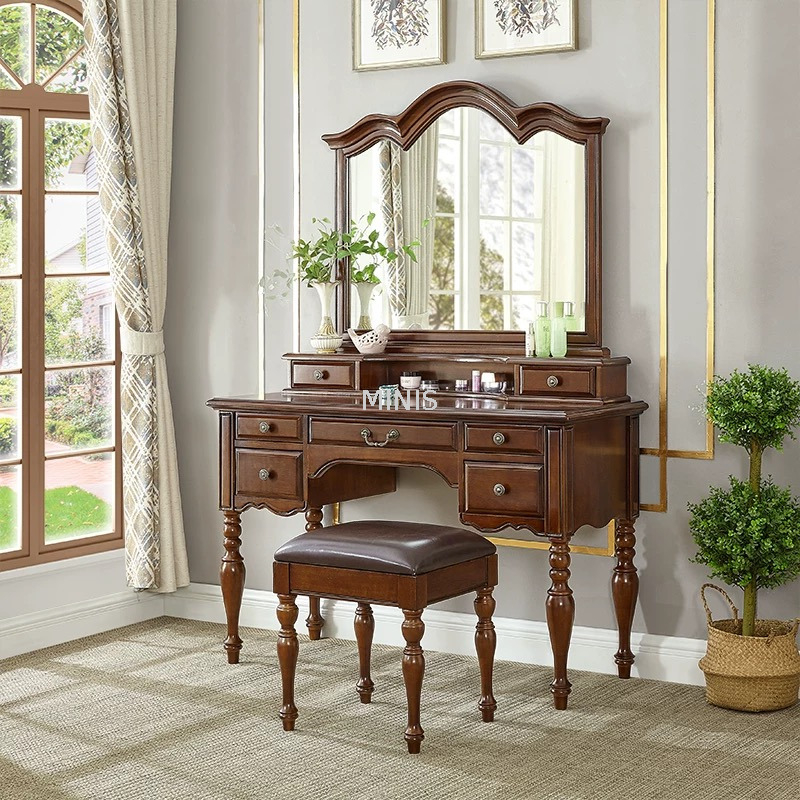 Bedroom Vintage Brown Wooden Dressing Table With Mirror