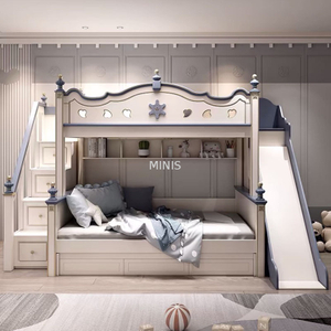 Children Bedroom Boy Blue White Kid Bunk Bed With Slide