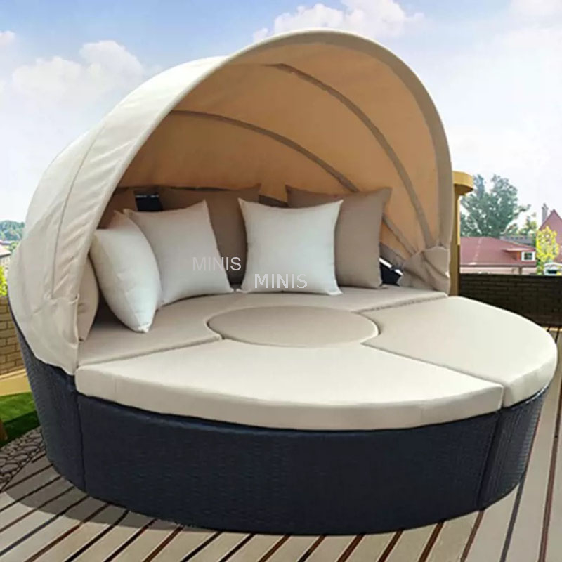 Outdoor Garden Relaxing Round Rattan Bed With Shade