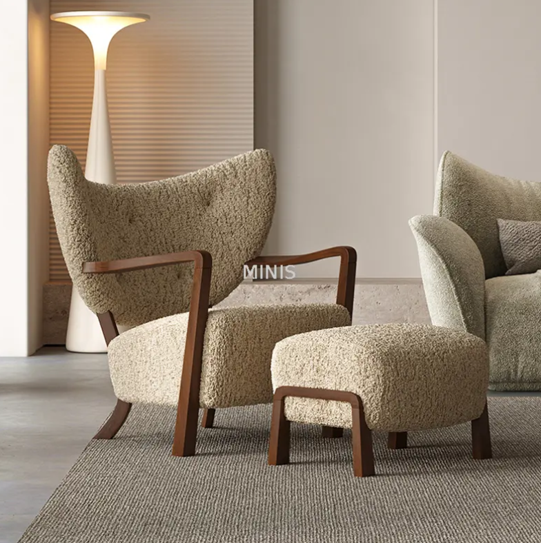 Good Quality Wood Armrests Wool Fabric Chair With Ottoman