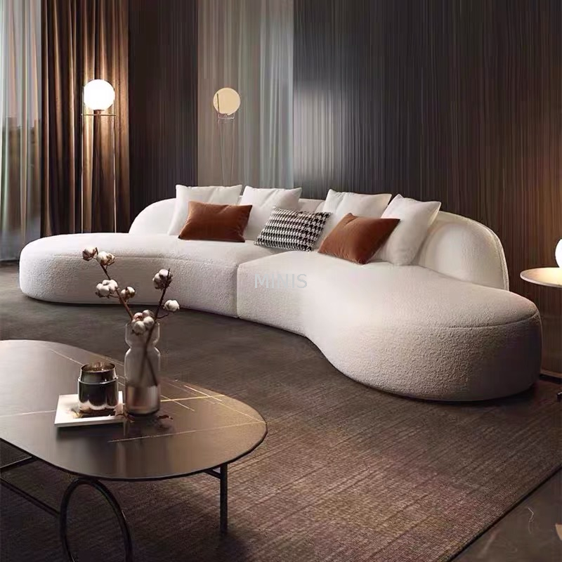 Living Room Pea-shaped White Couch Comfortable Fabric Sofa