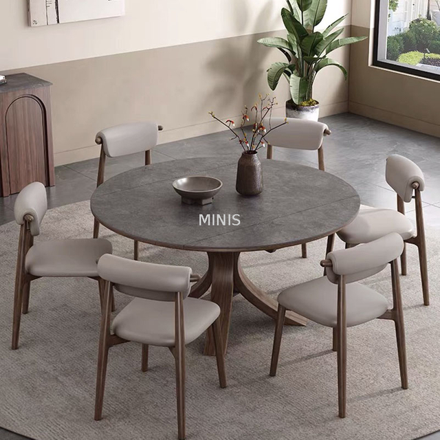 Modern Wood Leg Marble Top Dining Room Retractable Table